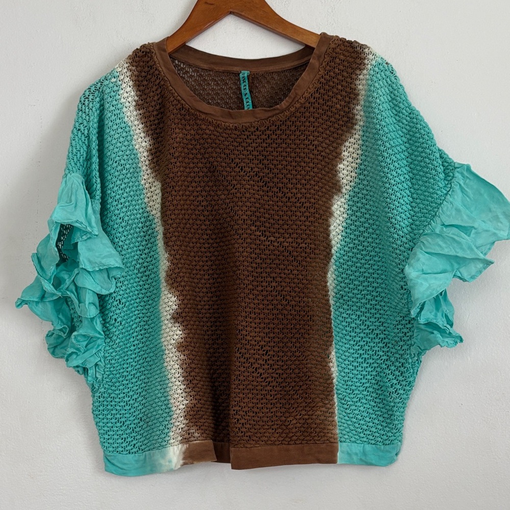 Ruffle-Sleeve Colorblock Knit Top - Turquoise & Brown